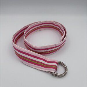 Y2K Preppy Ribbon Belt S Pink Green White Striped Double D-Ring Metal Golf